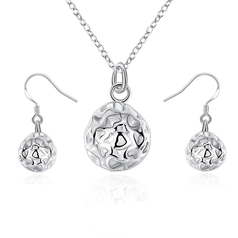 Fashion-Beads-Ball-Bridal-Jewelry-Sets-Silver-Plated-Pendant-Necklace-Long-Drop-Earrings-for-Women-Wedding