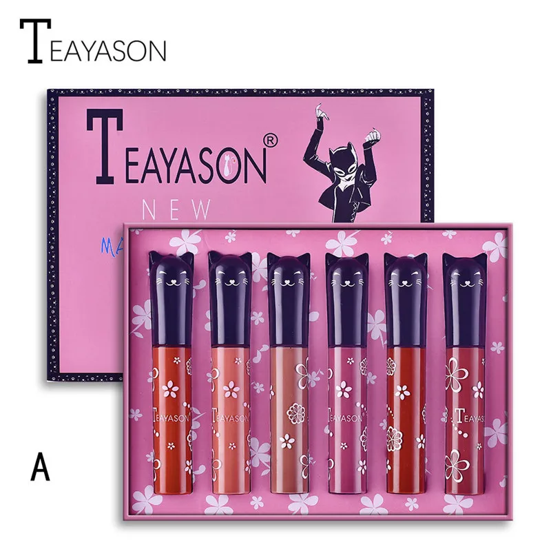 6pcs/set Matte Lip Gloss Cute Cat Shaped Lipstick Set Not Fade Waterproof Lip Gloss Nude Velvet Lips Sexy Lip Glaze Cosmetic