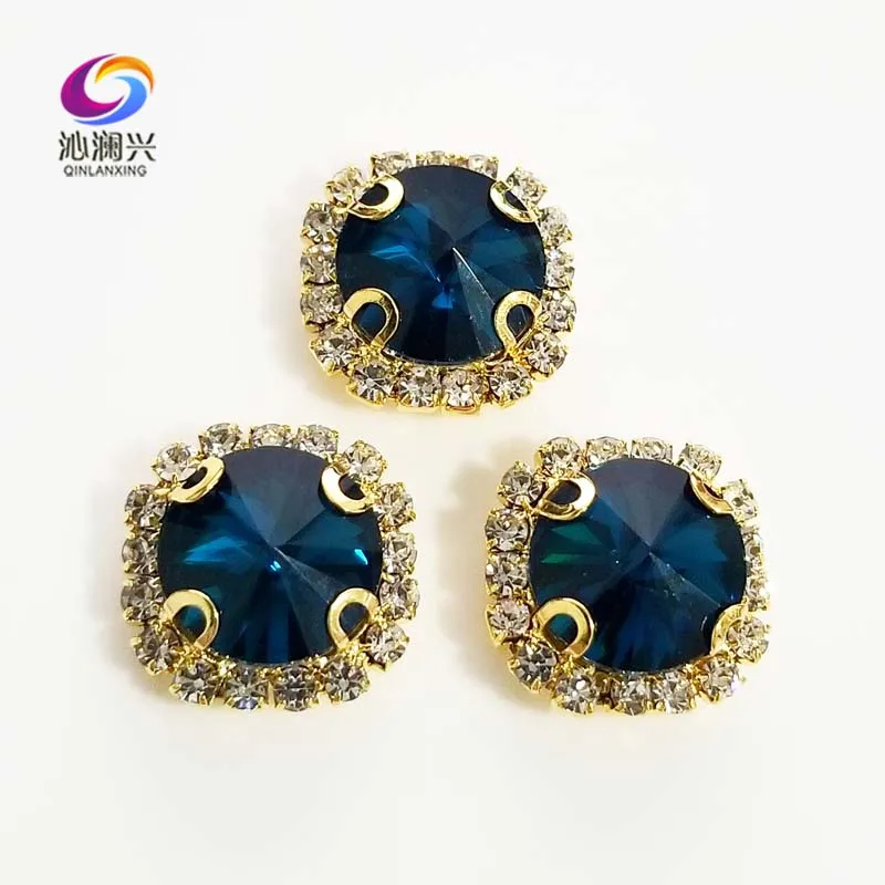 

Peacock blue Round shape top glass crystal rhinestones with hole,golden bottom sew on stone for Diy Clothing accessories