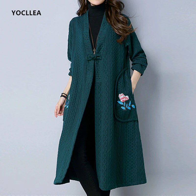 

Long Knit Cotton Trench Coat for Women 2019 Autumn Winter Open stitch Outwear Female Embrodery Pocket Long sleeve Casual Coats
