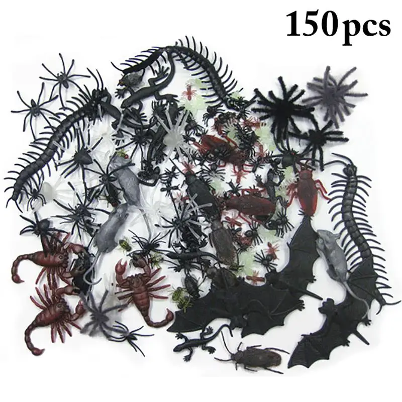 

150pcs Halloween Props gadget Plastic Bugs Spider Bat Cockroaches Joke Decoration Props Rubber Toy Prank Jokes Toys Party Favors