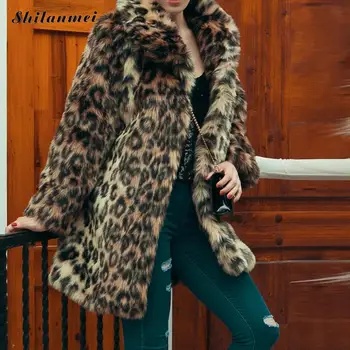 

Leopard Furry Coat Womens Faux Fur Coat Plus Size Long Sleeve 2017 Mid-long Women Fur Jacket Winter Coat Casaco De Pele Pelud