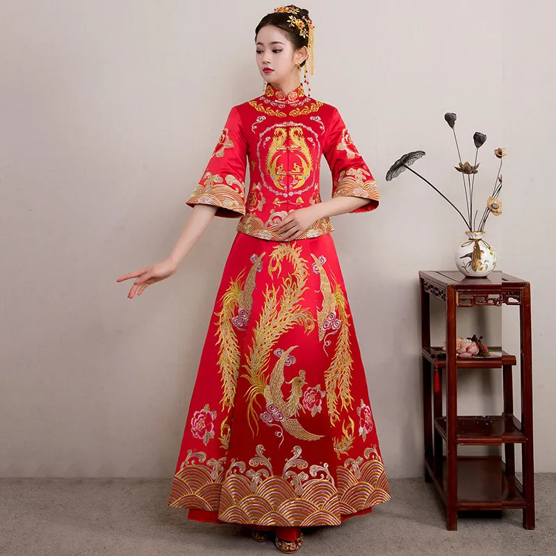 

Red bride cheongsam Vintage chinese style wedding evening dress clothing Embroidery Phoenix Qipao costume Vestidos Size S-XXL