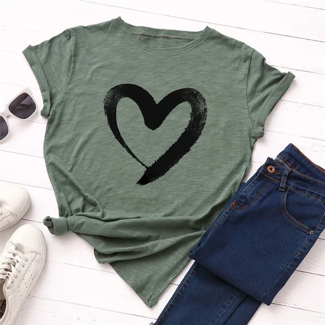 US $6.60 Plus Size S-5XL New Heart Print T Shirt Women 100% Cotton O Neck Short Sleeve Summer T-Shirt Tops C