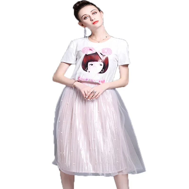 2017 Mulheres Elegantes Duas Peças Set Verão de Manga Curta O pescoço Kawaii meninas Camiseta Impressão Gaze Talão Saia Ternos 2 Peça Set Casaco
