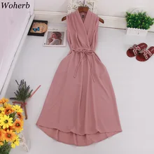 Woherb-Vestidos largos de estilo coreano para mujer, ropa sin mangas, de estilo veraniego, ceñido a la cintura, con cuello en V, Elegante, para oficina, 2021