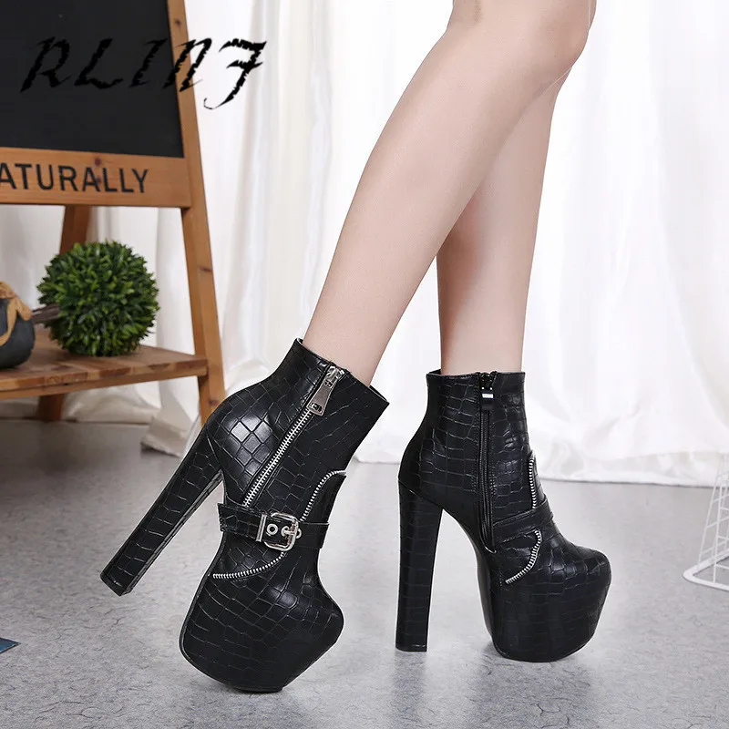 Nuevo Mujeres Botas Plataforma Tacón Con Cremallera 16 Hebilla Cm Cortas Negro Rlinf Grueso De Alto ZdqZB7