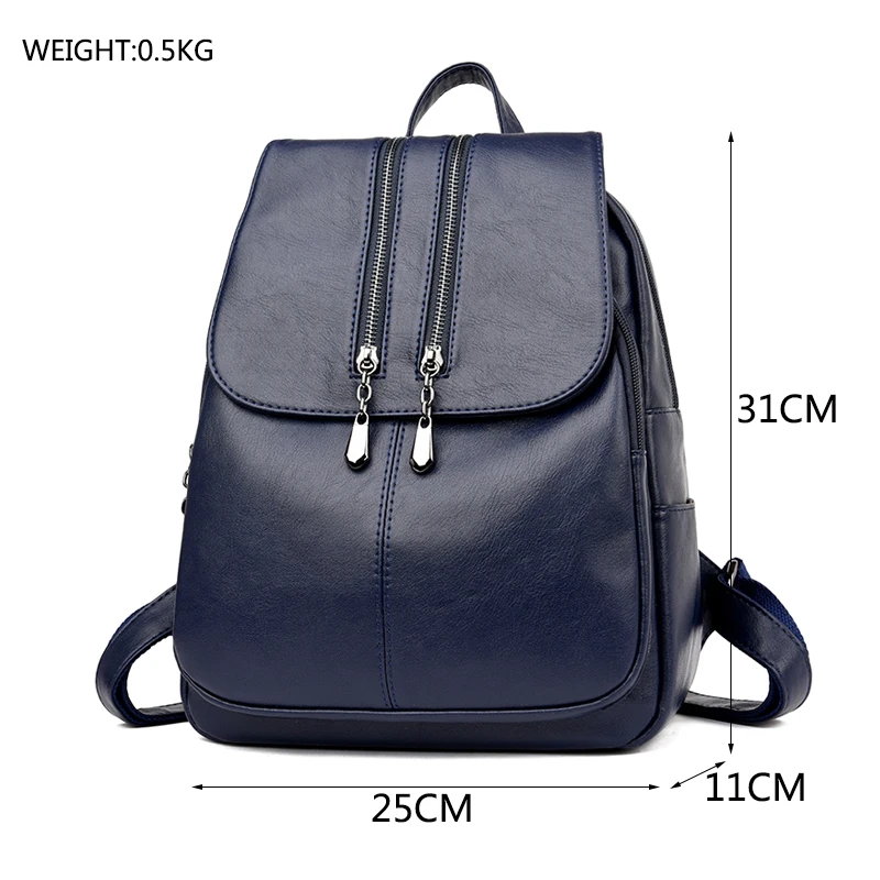  Casual Double Zipper Backpack Female Large Capacity School Bag for Girl Brand Leather Shoulder Bag  - 32908622156