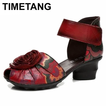 

TIMETANG 2018 Women Thick Heels Sandals Closed Toe Flower Ethnic Style Handmade Genuine Leather Personalized Women Sandal