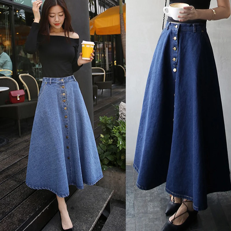 Long Denim Skirt Womens Jeans Saias A Line Casual Button Front Maxi Skirt With Pockets Women Summer Long Jean Skirt Woman faldas