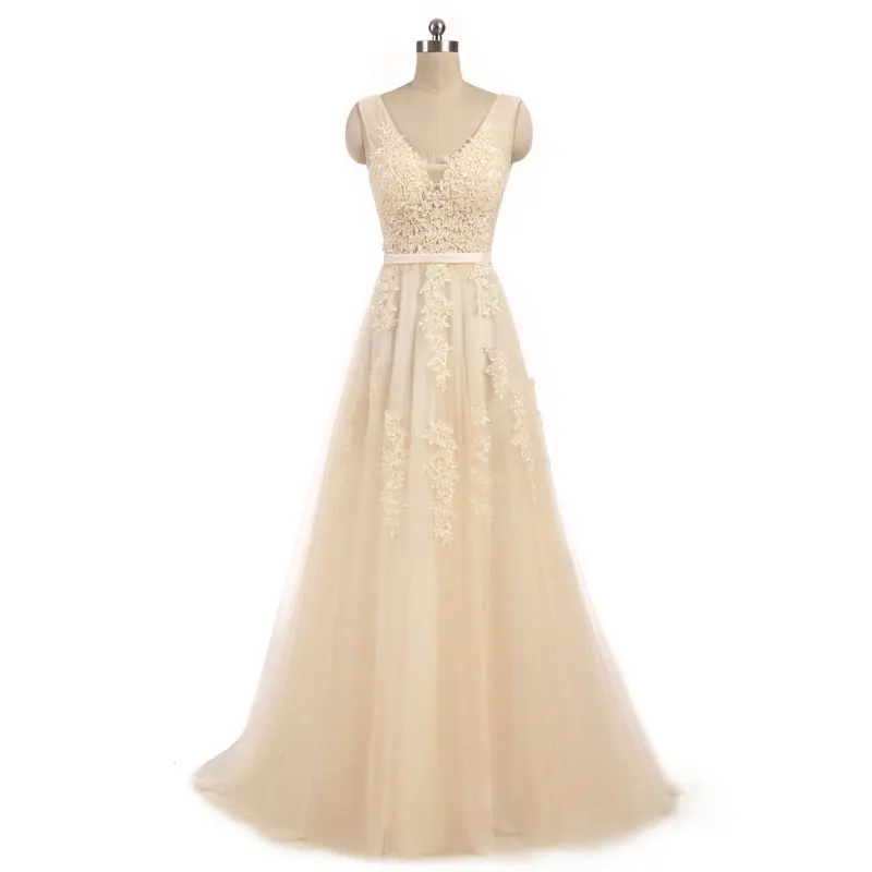 FADISTEE vestido de festa, милое Розовое Кружевное длинное вечернее платье с v-образным вырезом, вечерние платья невесты, сексуальные платья с открытой спиной и бусинами, платья для выпускного с жемчугом на шнуровке - Цвет: champagne