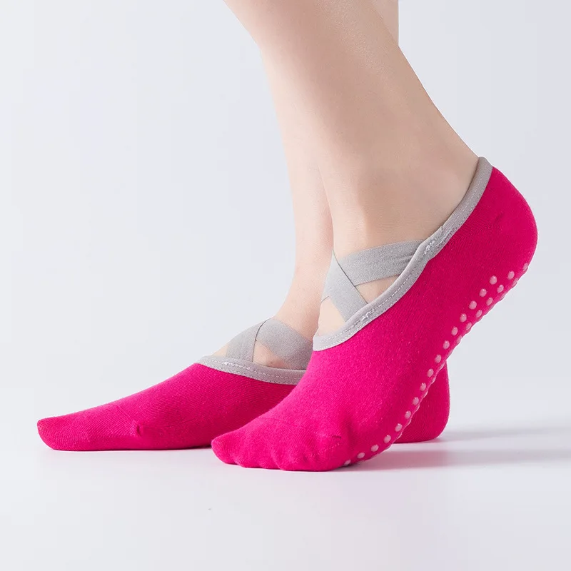 HANQING Round Sport Yoga Socks Ladies Ballet Dancing Anti-Slip Sports Cotton With Ribbons Fitness Women |