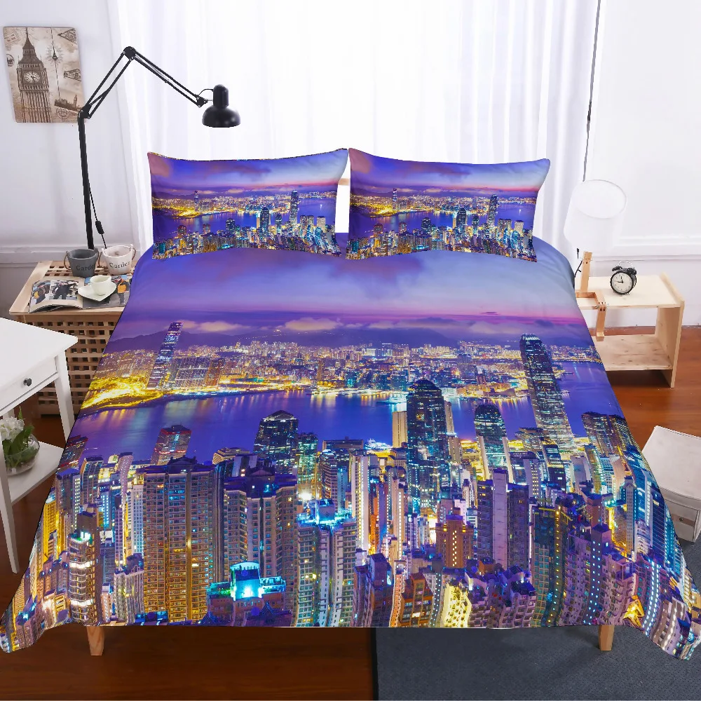 

3D print Bedding set City Hong Kong shining night landscap frinds' gift bedding sheet Duvet cover set Home Textiles