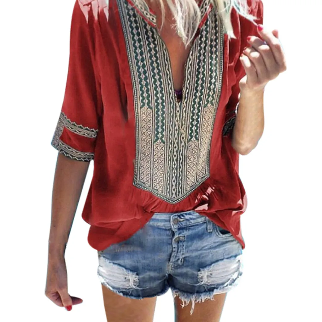 

Fashion Print Loose Tops Bohemian Beach Chiffon Blouse Deep V-Neck Half Sleeve Shirt Camisetas Verano Mujer 2019#Y5
