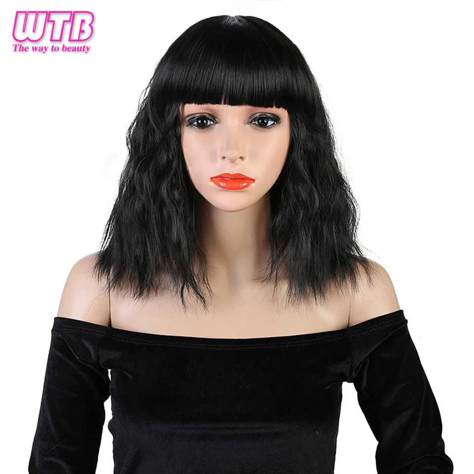 

WTB Synthetic Short Corn Wave Wig with Neat Bangs Natural Looking Heat Resistant Fiber Fashion Party Wigs for Women
