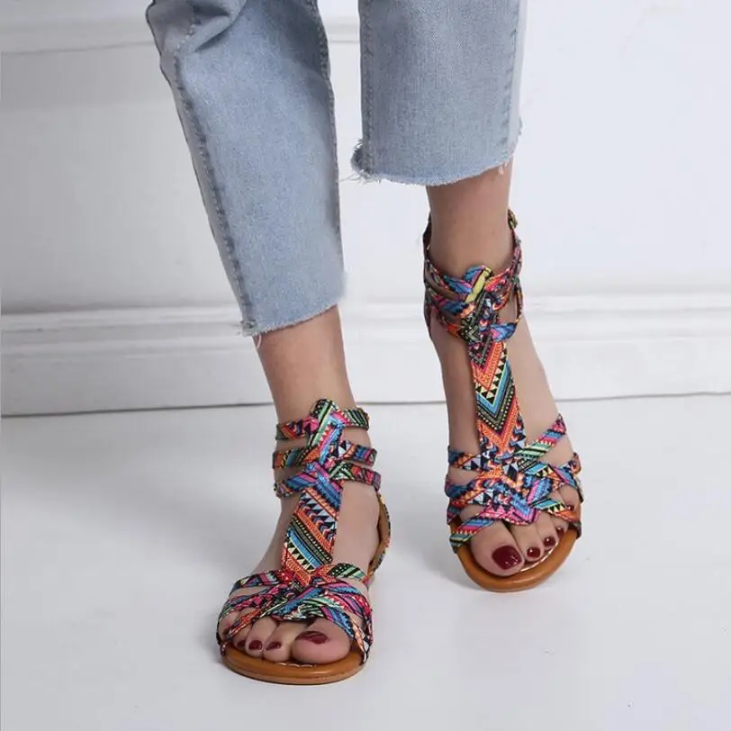 

2019 new Summer Women Sandals Casual T-strap Open Toe Flat Gladiator Sandals fashion Leopard Print Shoe Woman plus size