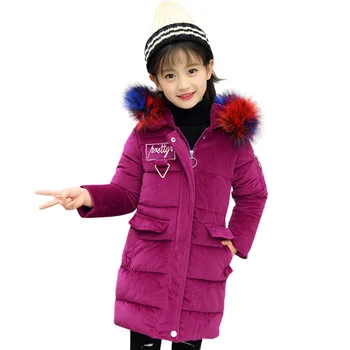 

2018 Girls Winter Warm Embroidery Coat Girl School Princess Big Fur Collar Thick Hooded Outerwear Girl Winter Snow Long Jacket