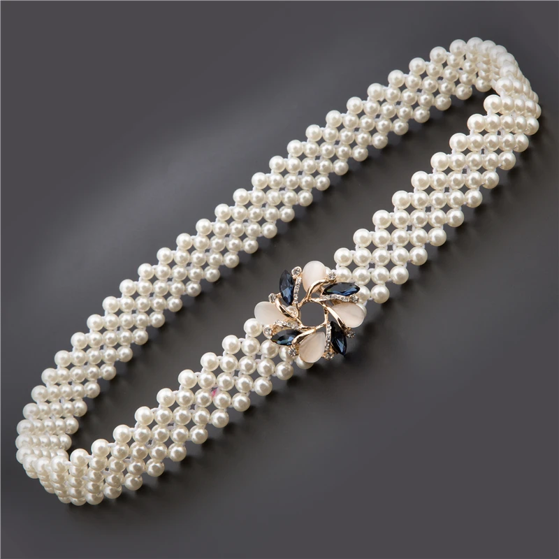 

New Fashion Small Gold Buckle Inlaying Rhinestone Pearl Elastic Belts For Women Female Strap Hot Selling