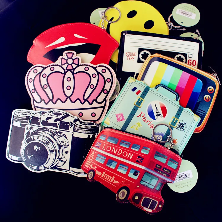 

Cute Creative Cartoon Coin Purse Key Chain Girl Leather Bus Camera Smile Crown TV Lipstick Zipper Change Wallet Card Holder