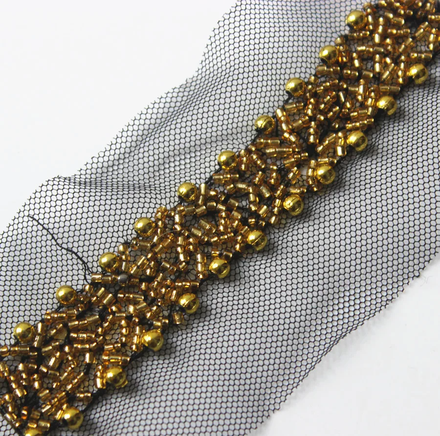 Gold Beaded Trim Braided Black Mesh Net Lace Ribbon Venise Motif