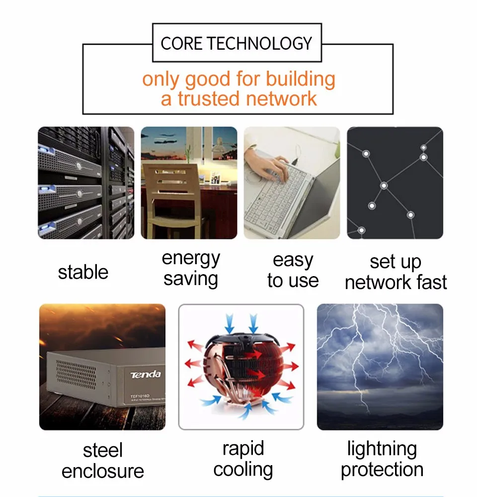 Tenda TEF1016D 16 port 10/100M быстрый сетевой коммутатор, 3,2 Гбит/с, Auto MDI/MDI-X, полудуплексный, 6кВ молниезащита