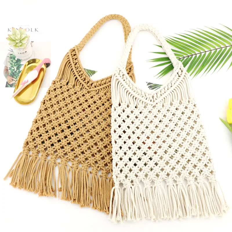 New thick cotton thread tassel straw bag hollow shoulder woven bag
