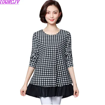 

2018 Spring T-shirt Women Plaid Splicing Lotus Leaf Fake Two Long-sleeved pullover Tops Loose Plus Size 5XL Women T-shirt AA60