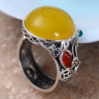 

MetJakt Natural 2cm Yellow Chalcedony Ring with Small Garnet Agate Solid 925 Sterling Silver Open Ring for Women Bohemia Jewelry