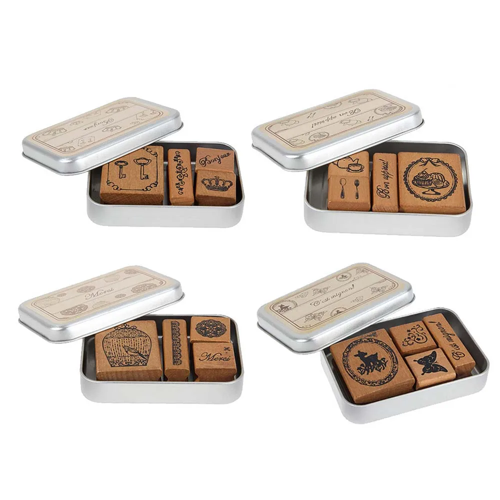 

Retro French DIY Happy Time Style Diary Scrapbook Wooden Rubber Stamp Iron Box