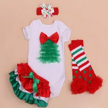 4PCs per Set Newborn Baby Girls First Second Lace Tree Christmas Outfit Green Shorts Headband Leggings for 0-24Months