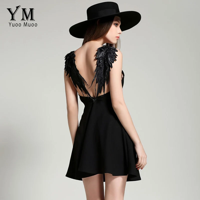

YuooMuoo Summer Women Spaghetti Strap Halter Feather Wings Hollow Short Mini Sexy Club Solid A-line Dress
