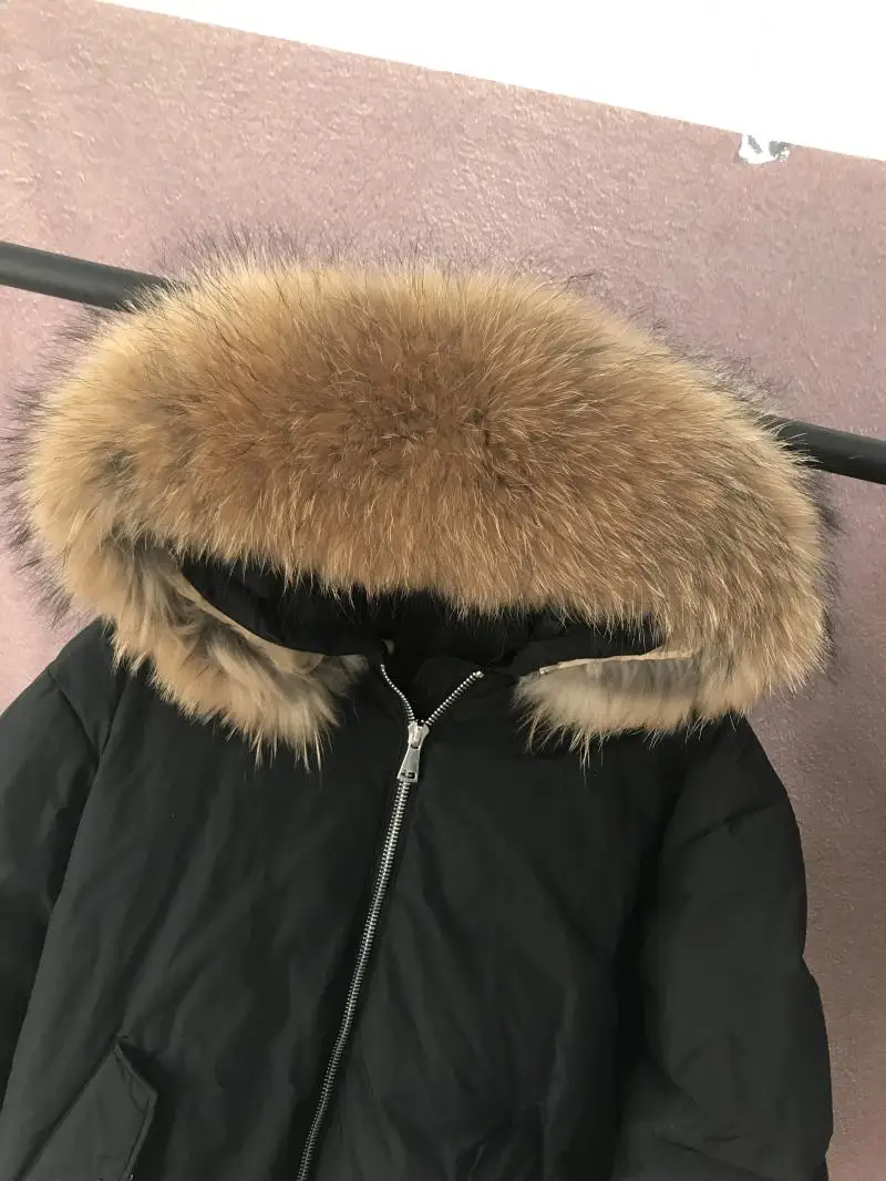 Новинка, корейский стиль женские пуховик женская зимняя куртка puffer parka ткань из натурального меха енота Красный Черный Крем негабаритных