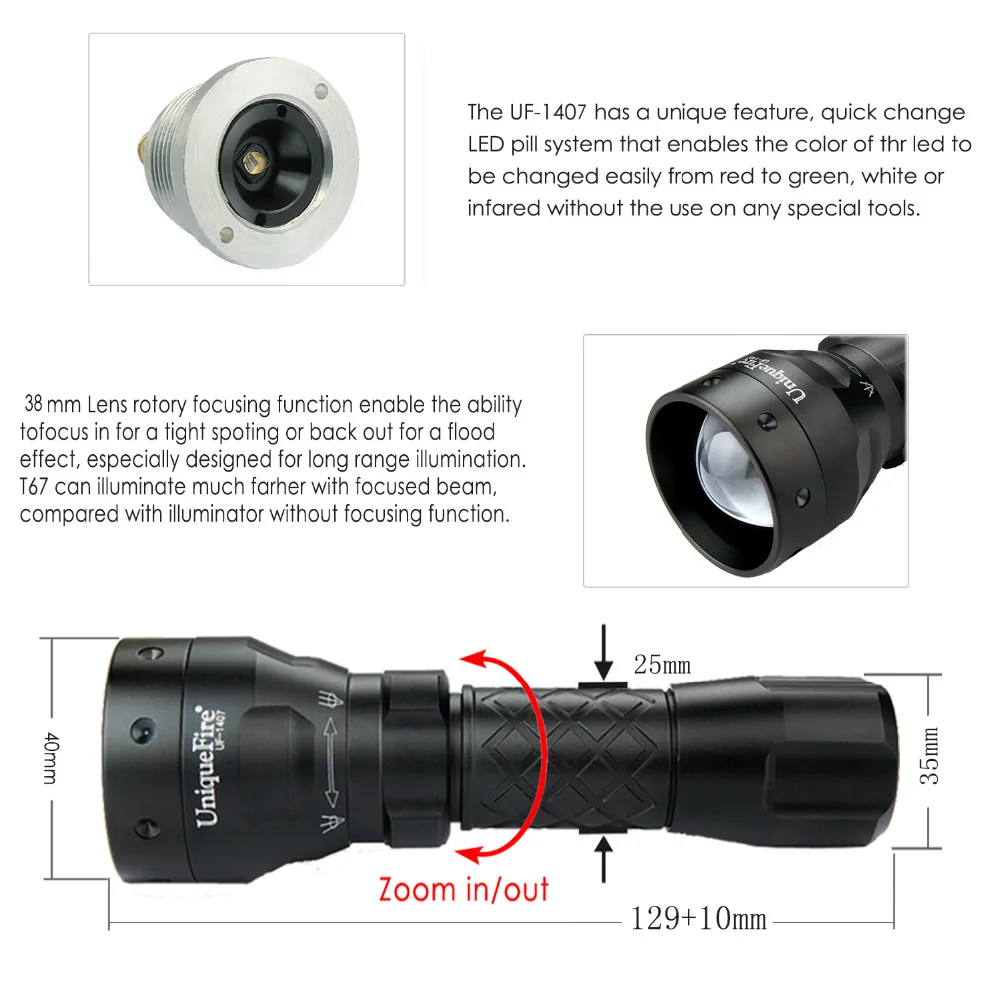 UniqueFire 1407 XR-E светодиодный фонарик зеленый/красный/белый свет светодиодный 38 мм выпуклая линза факел Ночь Отдых, хищник, охота, рыбалка