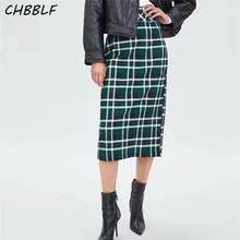 CHBBLF Женская клетчатая миди юбка ремень с бантом клетчатая Высокая талия боковая молния Сплит винтажная повседневная юбка до середины икры POP1611