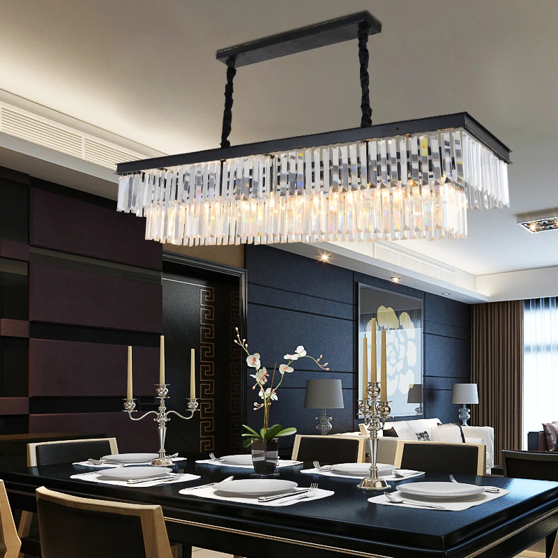 

Black rectangular restaurant chandelier European led crystal chandelier modern simple restaurant lights creative bedroom lamps