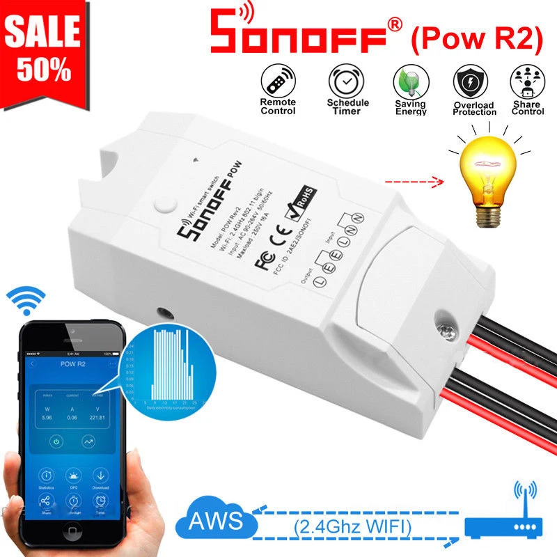 

Sonoff POW R2 Smart Wireless WiFi Switch 16A With Real Time Power Consumption Measurement Compatible with Alexa Google Home
