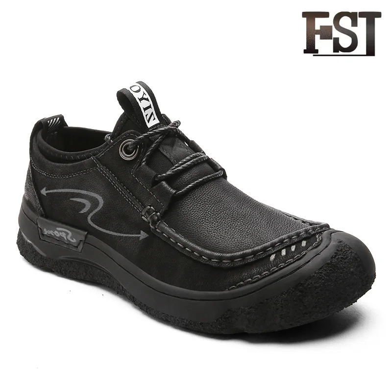 

FSJ Genuine Cow Leather Basic Man Solid Lace Up Spring/Autumn Sewing Waterproof Breathable Casual Pigskin Neutral Black shoes