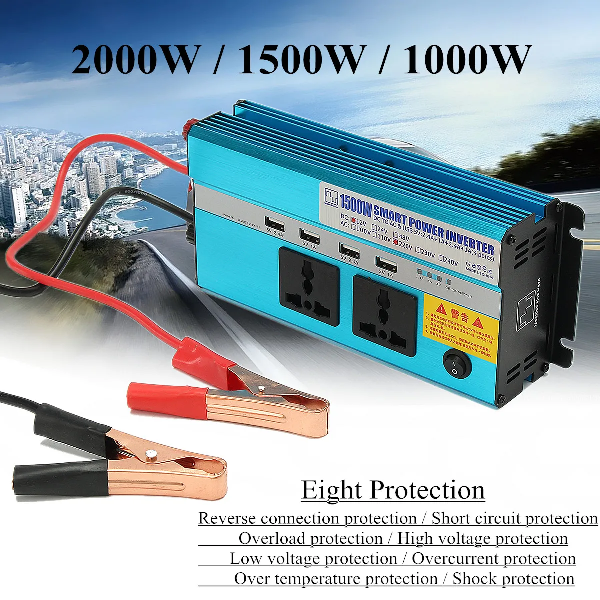 

Power Inverter 2000W Auto Modified Sine Wave DC 12V To AC 220V Fast Charging Interface Converter Fuse Cooling Fan Protect