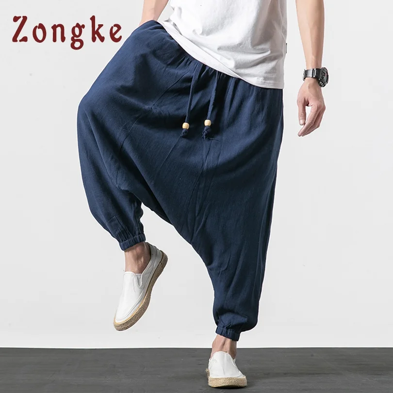 Zongke уличная одежда из хлопка и льна, мужские брюки, мужские брюки для бега, хип-хоп спортивные штаны, джоггеры, брюки карго для мужчин, новинка - Цвет: Navy Blue