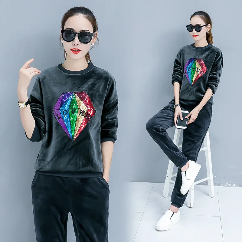 

Printing Winter Sports Suit Women Tracksuits Pullover Running Set cotton velvet Jogging Suits Sweat Pants Sportswear