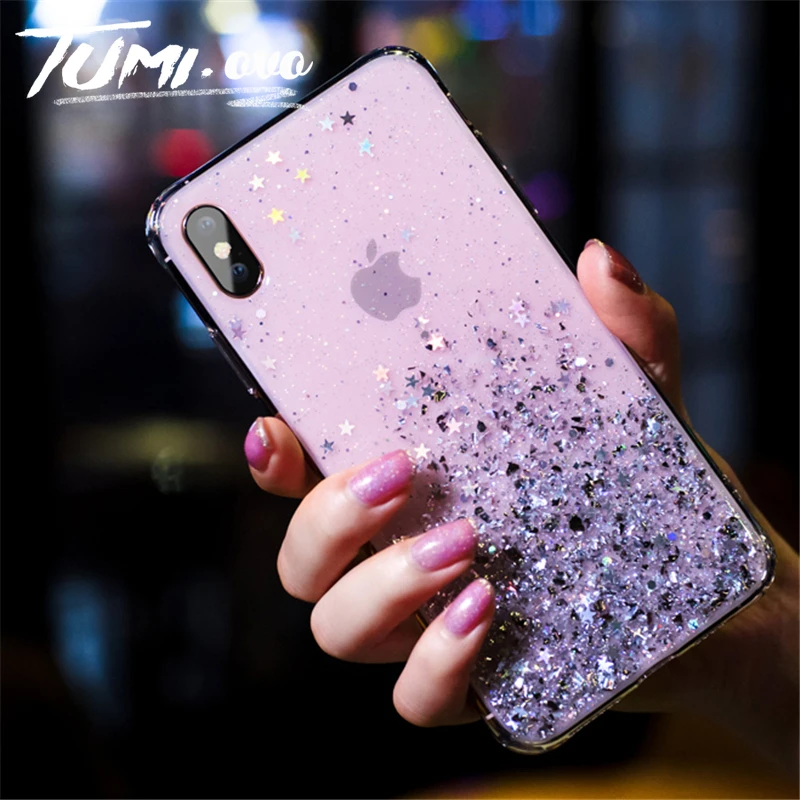 

Simple Silver Foil Star Bling Glitter Back Phone Cover For iPhone 6 6S 7 8 Plus X Xr Xs Max Soft TPU Phone Case Silicon Cover