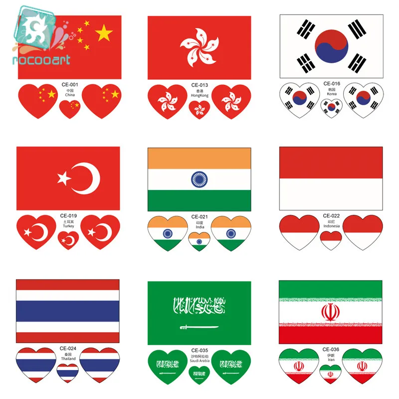 

The latest Asian flag , China, Korea, Turkey, India, Thailand, Iran, Saudi Arabia and Indonesia,face temporary tattoo stickers