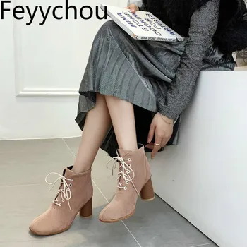 

Women's Boots Autumn Winter High Heel Warm Round Toe Ankle Pu Thick Heel Cross-tied 2019 New Sexy Fashion Black Big Size 34-48