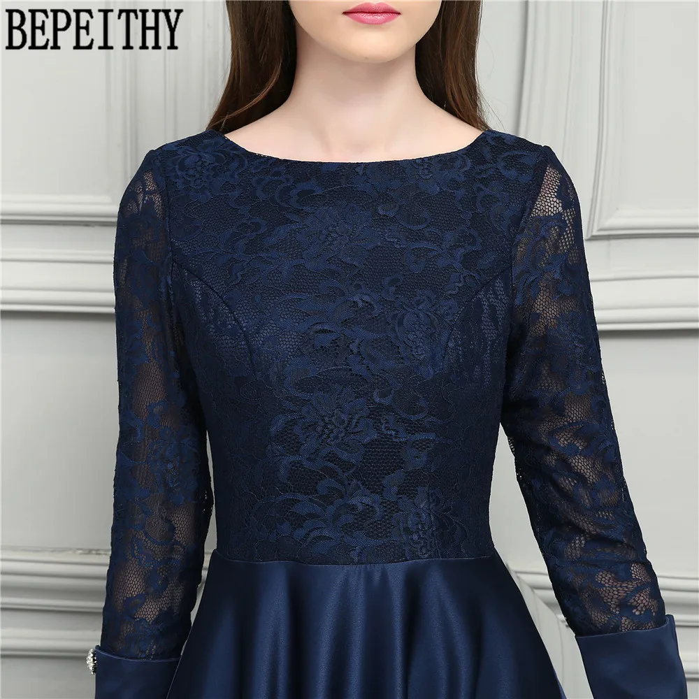 BEPEITHY дизайн vestido de festa Longo Совок темно-синий длинный рукав атласное кружево ТРАПЕЦИЕВИДНОЕ длинное платье для матери невесты