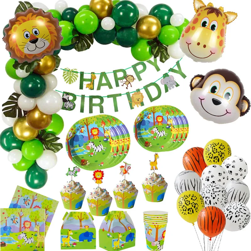 

MEIDDING Jungle Party Decoration Foil Balloons Paper Plates Cup Napkin Disposable Tableware Safari Zoo Birthday Party Supplies