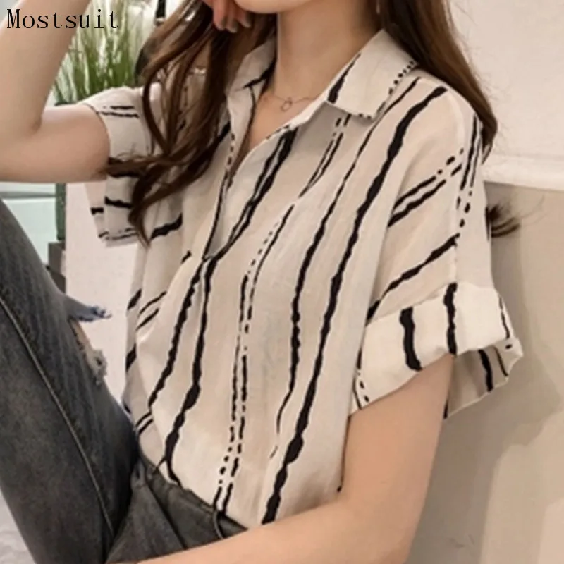 

M-4xl White Striped Cotton Shirt Tops Women Short Sleeve Casual Blouse Blusas Femininas Korean Loose Plus Size Yellow Grey 2018