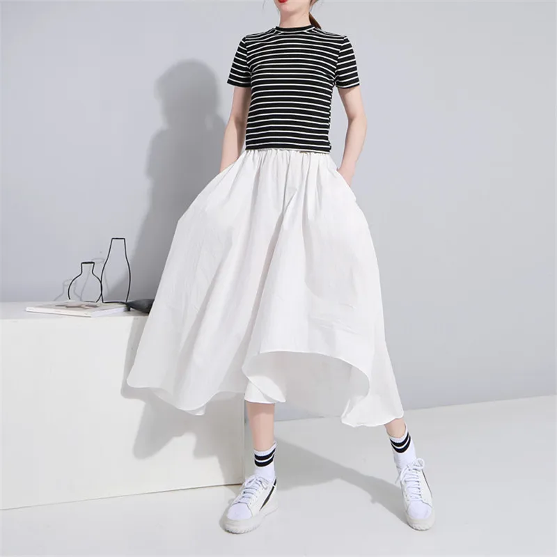 

Johnature Solid Color Empire Skirts Elastic Waist Korean Mid-calf Length Summer New Pleated Women Skirt 2019