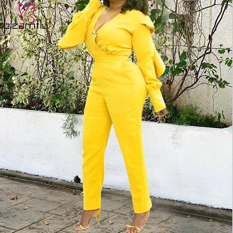 

Elegant Sexy Ruffles Long Sleeve Jumpsuit Women Rompers V-neck Slim Yellow Playsuit Autumn Elegant Ladies One Piece Overalls