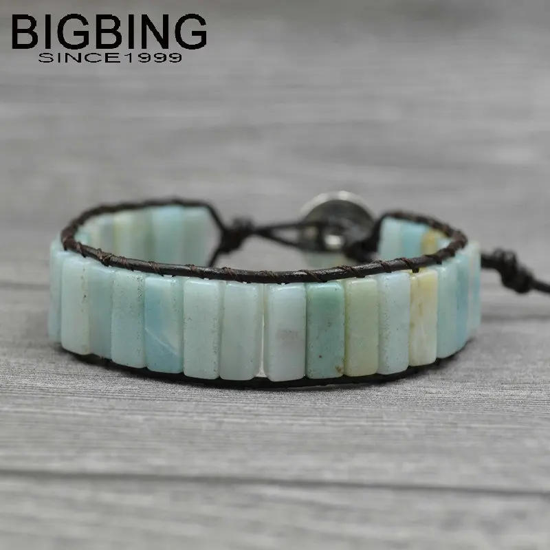 

B005 BIGBING Jewelry Fashion natural green square stone beads leather handmade bracelet fashion jewelry jewlery high quality