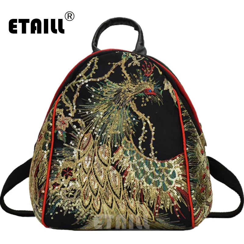 

ETAILL Golden Sequins Phoenix Embroidered Backpack Chinese Yunnan Traditional Ethnic Style Women Vintage Back Pack School Bags